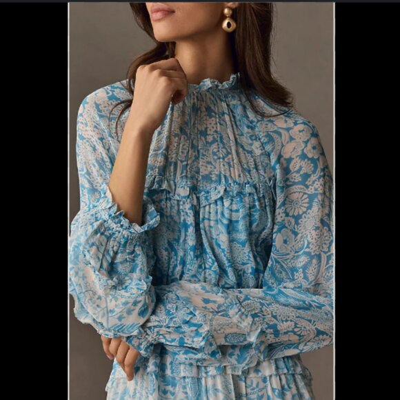 Brand New By Anthropologie Long-Sleeve Backless Sheer Ruffle Mini Dress - Picture 2 of 12